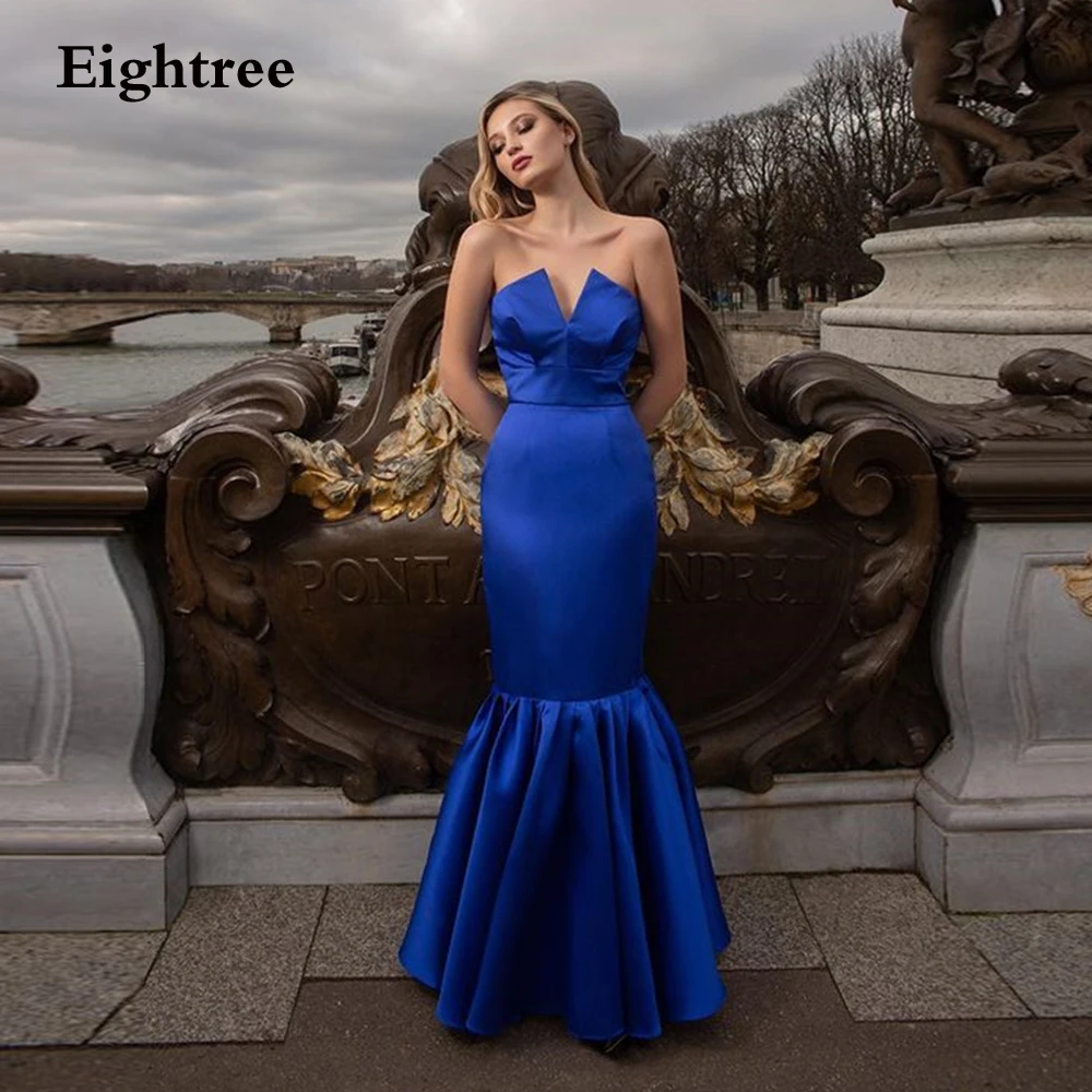 

Eightree Vintage Mermaid Prom Dresses Royal Blue Stain Strapless Pleat Evening Dress Formal Occasion Dresses 2023 Plus Size