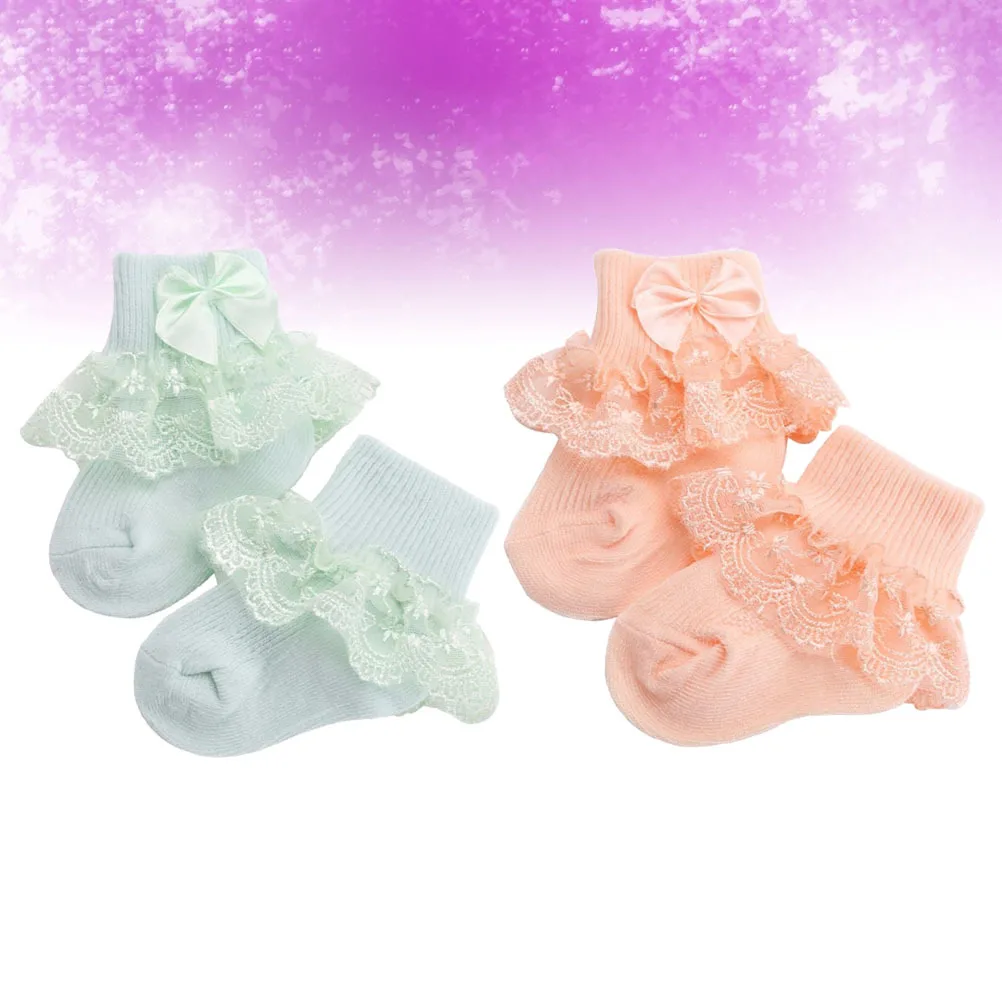 2 ペア ベビーレースソックス ボウノット 通気性 ソフトストッキング 保温 秋冬 幼児用ソックス グリーン オレンジ サイズ S 0-1 歳
