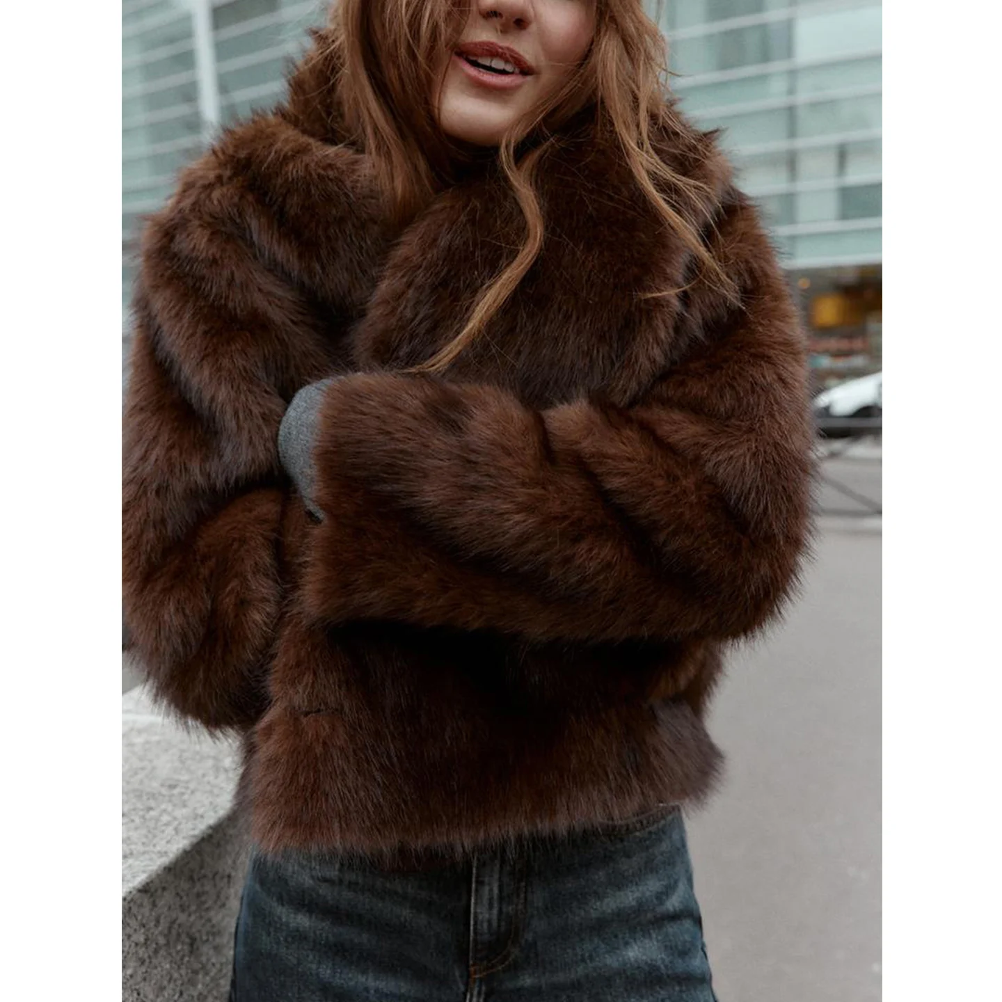 American Simple Sle Long col Sve Double face fourrure artificielle Jaet nouveau automne hiver femmes manteau chaud en Fiber de Polyester