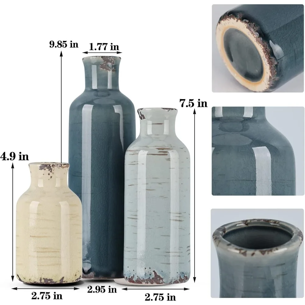 3-Piece Multicolor Ceramic Vase Set - Coastal Farmhouse Decor for Living Room, Dining Table, Shelf Display