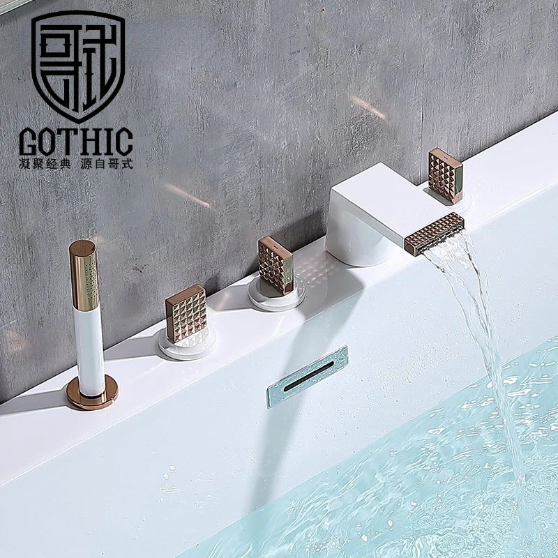 Gothic Five Piece Waterfall Bathtub Faucet White Brass Black Gold Split Type Bathtub Edge Big Outlet Hand Held Shower Tap Faucet