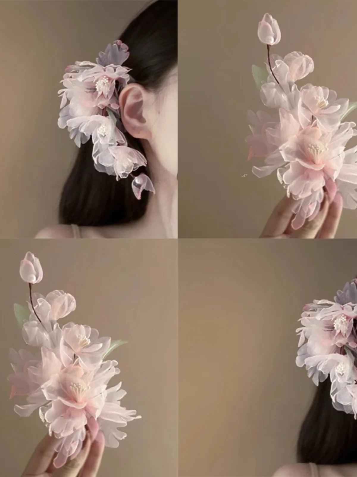 

Pink Hibiscus Flower Hairpin Ultra Fairy Pearl Tassel Hair Accories for Women Hanfu Hair Decorations Heat Transfer Embroidery