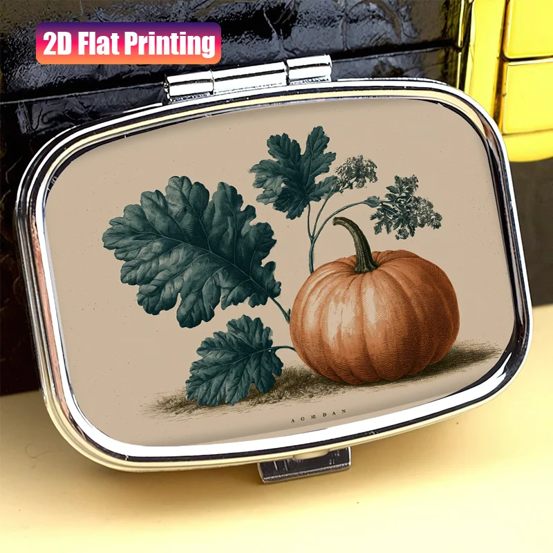 1Pc Flat Printing Mini 2-Compartment Portable Pill Box, Earring Storage Box, Vintage Style with Oak Leaf and Pumpkin Pattern, Travel Pill and Tablet Case, Suitable for Various Occasions, Exquisite and Convenient, Ideal Small Gift