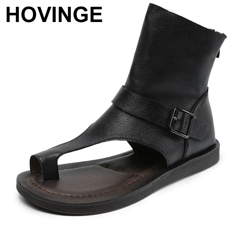 

High-end Genuine Leather Sandals Spring and Summer New Toe-toe Roman Sandals for Women's Toe-layer Cowhide Hollow High Boot