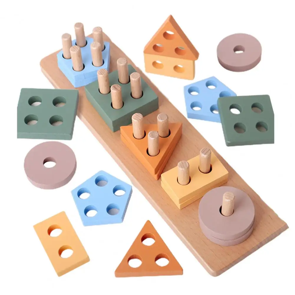 Colorful Shape Sorting Toy Develop Fine Motor Skills Wood Stand with 20 Building Blocks for Toddlers