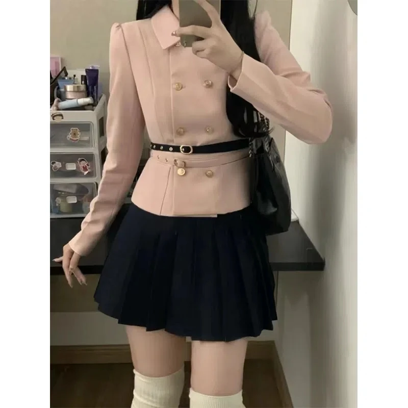 Pink Double-breasted Waist-cinching Tweed Short Jacket Girl's Sweet Style Set Spring A-line Skirt Two-piece Set Women Female