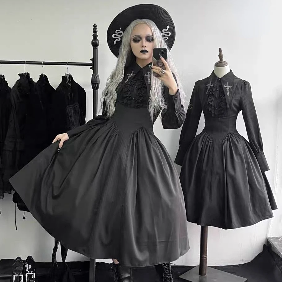 

SOIOMES Cross Dark Gothic Lolita Dress Autumn/Winter 【Silent Night】New Western Style Long Sleeve OP Lolita Big Swing Halloween