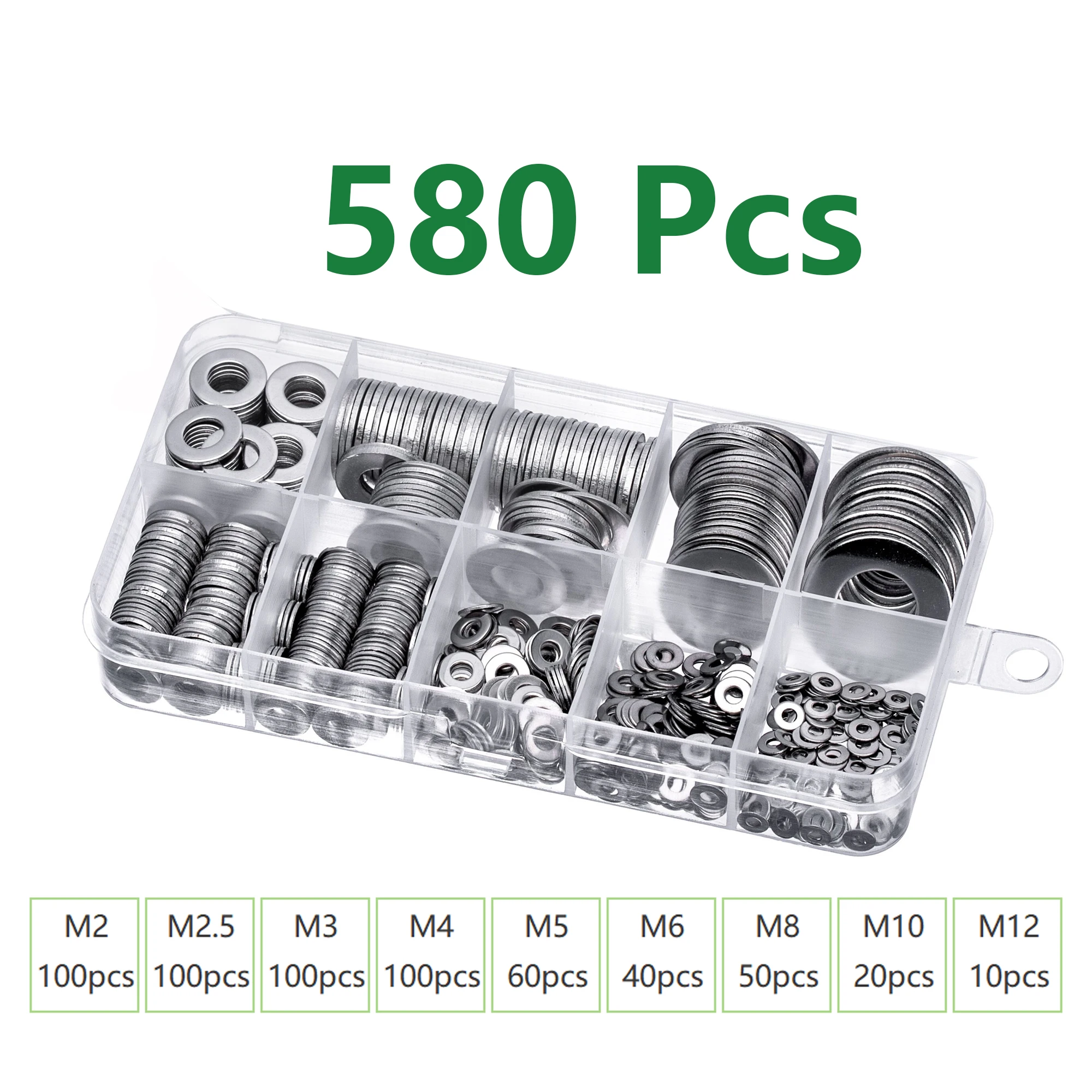 580pcs Stainless Steel Flat Washer Kit (M2-M12): Suitable for Home Deco, Industrial Maintenance & Outdoor Ect.