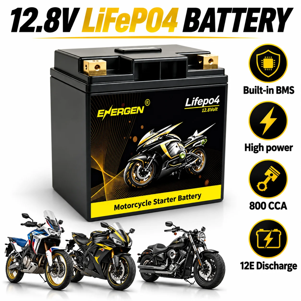 Motorcycle 800CCA battery 12.8V 30Ah built-in BMS deep cycle release, for lawn mower, tricycle, electric bicycle, wheelchair