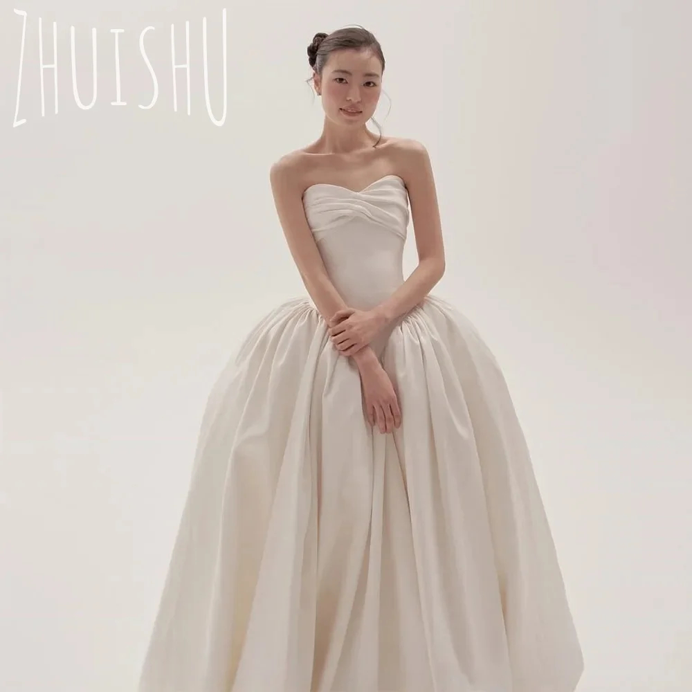 ZHUISHU 우아한 화이트 A라인 웨딩드레스 스트랩리스 프롬 가운 한국 신부 드레스 사진 촬영 맞춤형 지퍼 백 가운