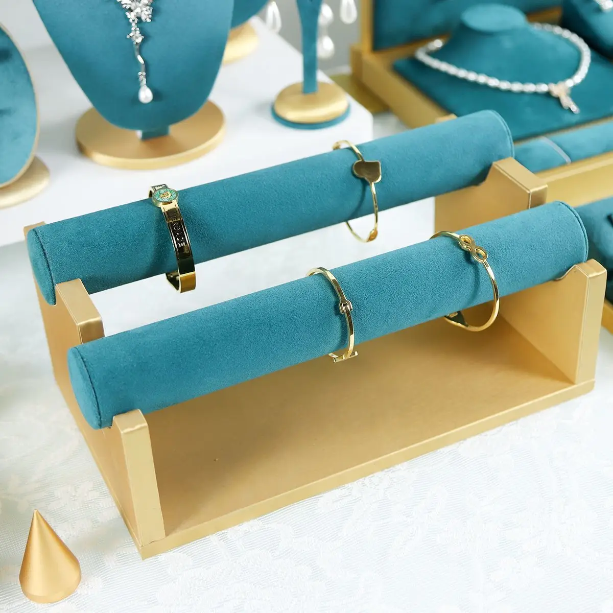 

Vintage Green Series Velvet Jewelry Organizer Earrings Ring Display Holder Pendant Bracelet Necklace Mannequin Bust Counter Prop