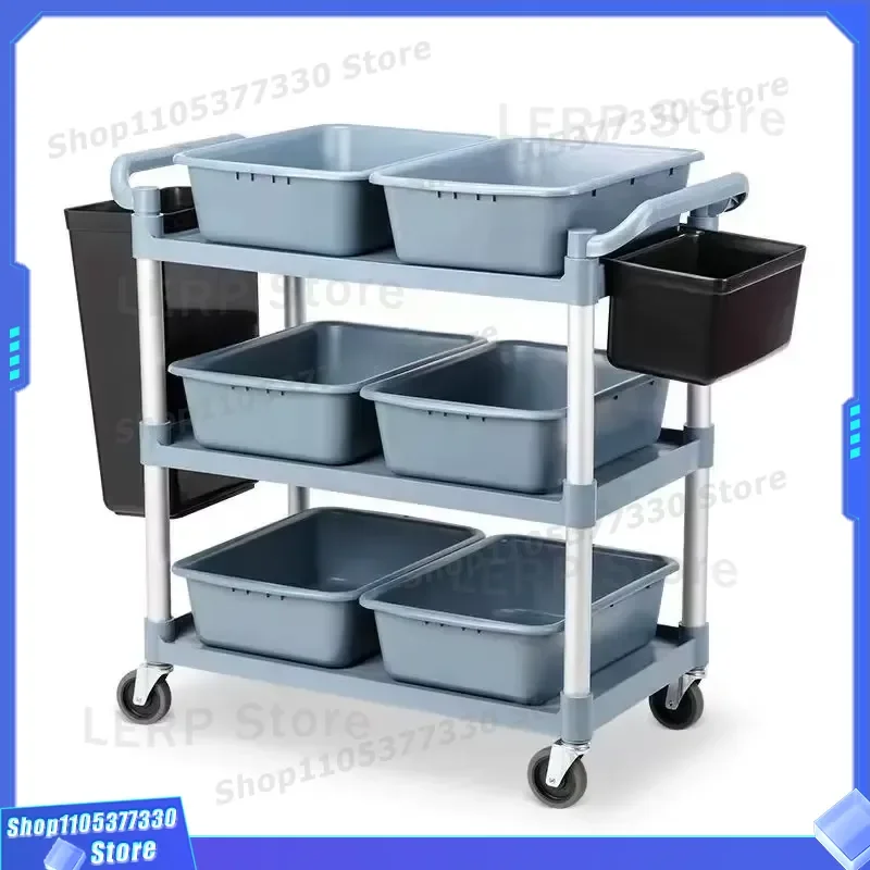 Three Layer Cleaning Service Trolley Multi Functional Triangular Tube Rack For Restaurant Kitchen Utility Cart With Storage