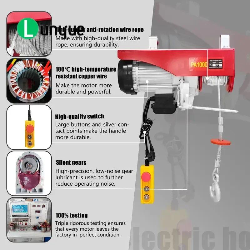 Mini Electric Wire Rope Hoist 1 Ton 220V 12/6m Lifting Height Compact Design for Home Workshop Garage Construction Easy