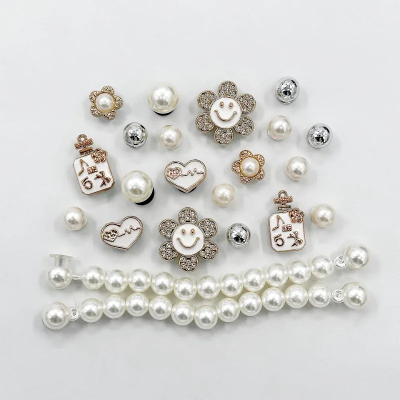 22 шт., роскошные подвески для обуви, набор аксессуаров, пряжка для обуви с отверстиями, стразы, цветок, жемчужная цепочка, сделай сам, украшения для монет для сумки Bogg