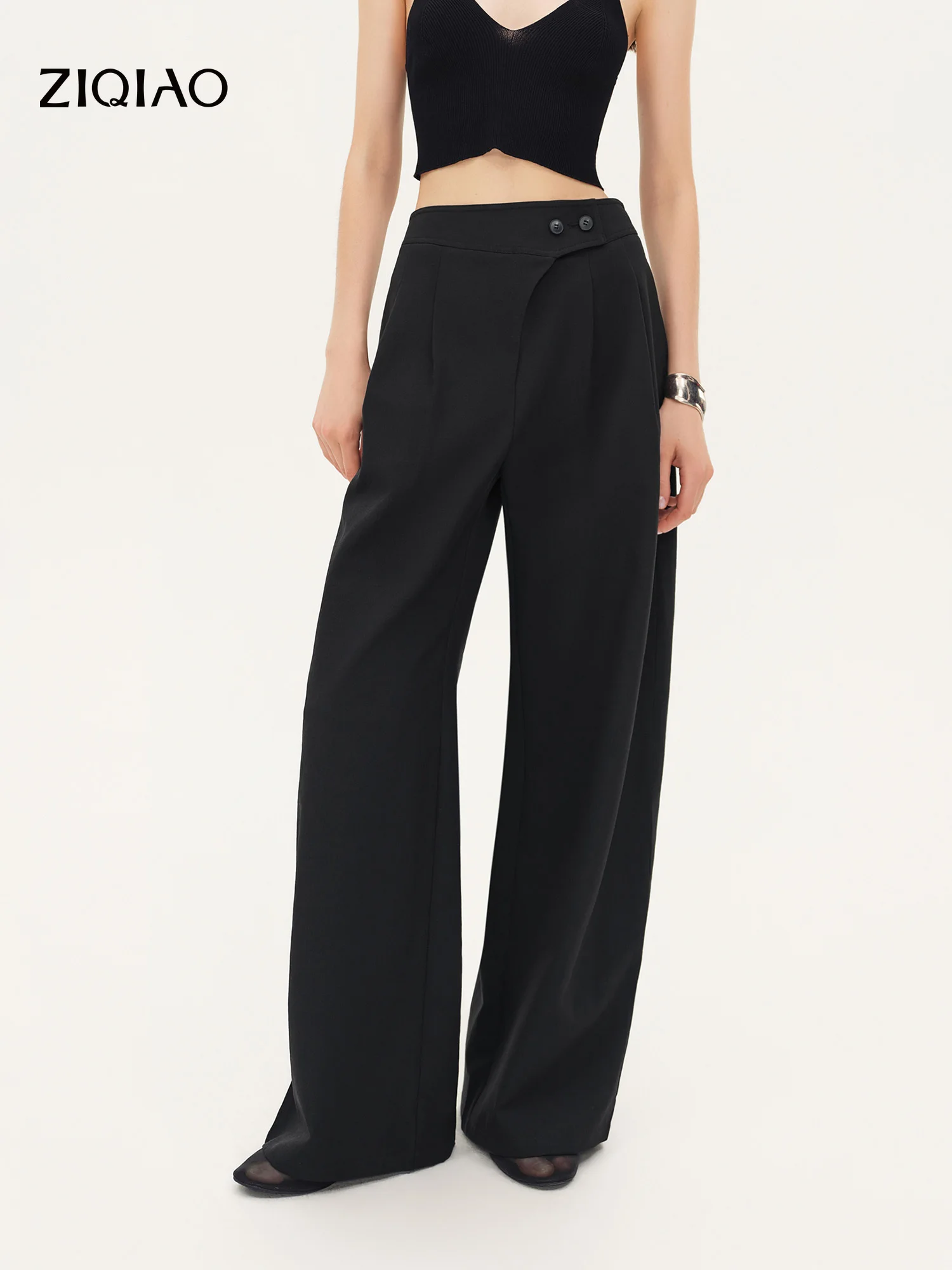 ZIQIAO 2026 Fall Women's Asymmetric Waist Wide Leg Pants, Diagonal Placket Floor-Length Trousers for Flattering Slimming Style