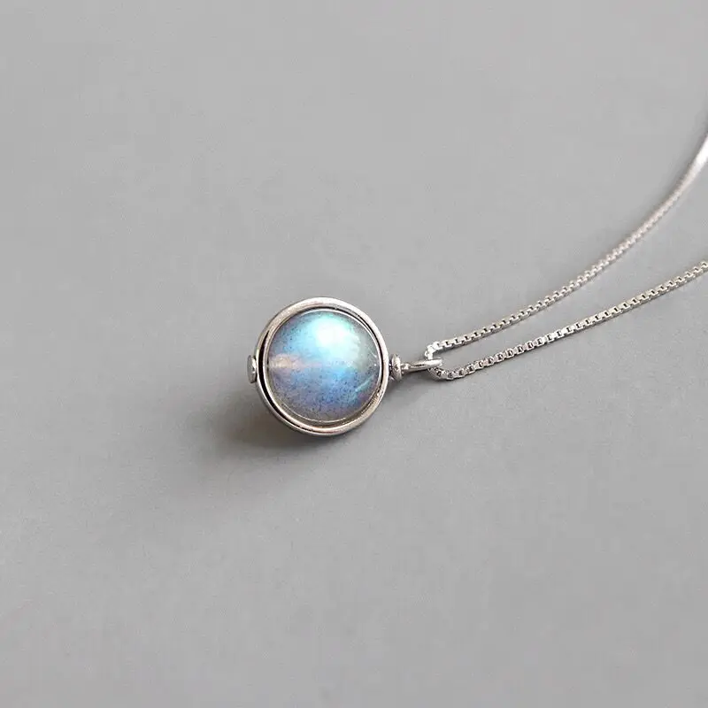 

Round Shape Natural Stone Crystal Necklaces Moonstone Pendant Necklace for Women Silver Color Box Chain Delicate Jewelry H416