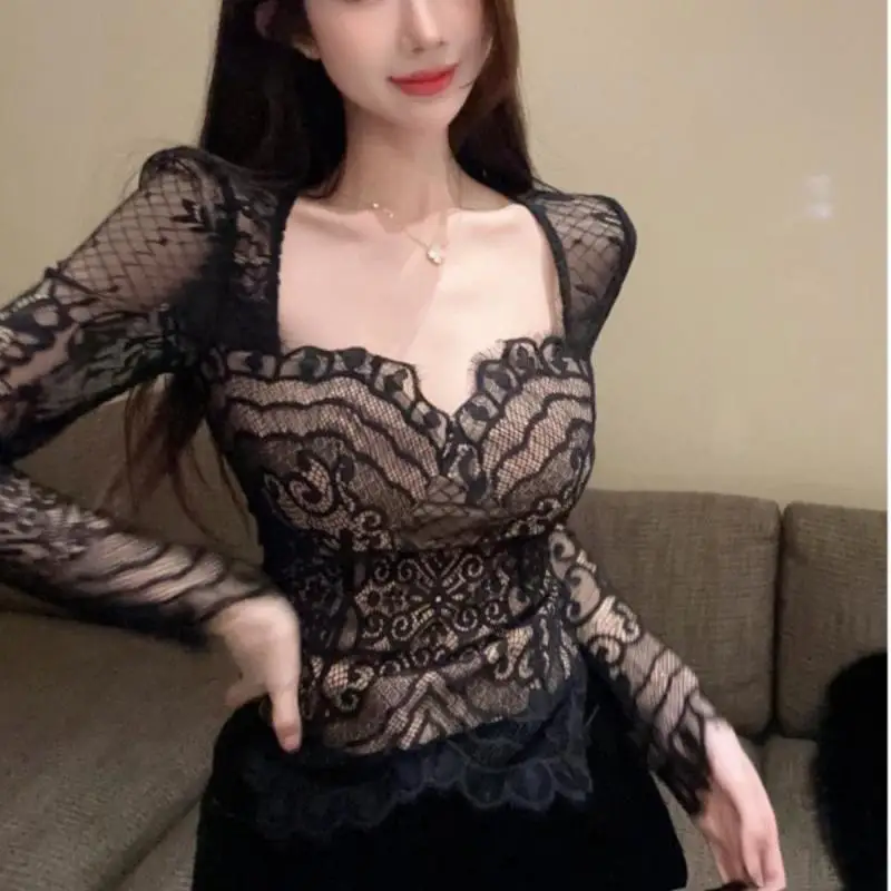 Sexy Interior Lapping Solid Ladies New Long Sleeve Women\'s Clothing Fashion Square Collar Pullovers Sweet 2024 New Lace T-Shirts