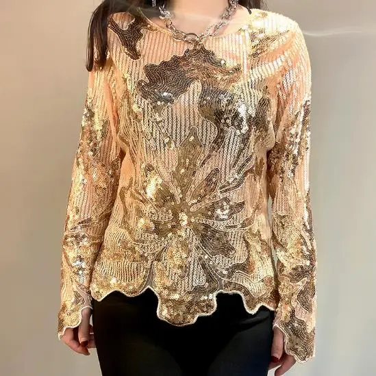 Shiny Women Sequined Tshirts Women Gothic Punk Clothes Femme Embroidery Sequins Pullovers Tops Women Irregular T Shirts