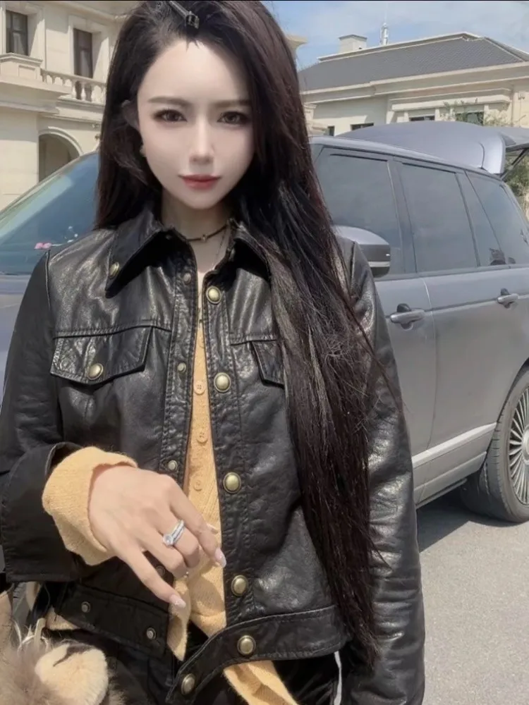 Damska kurtka motocyklowa z prawdziwej skóry, jesień, jednorzędowa, punkowa, z wykładanym kołnierzem, krótki płaszcz, odzież uliczna, casualowa odzież wierzchnia, damska.