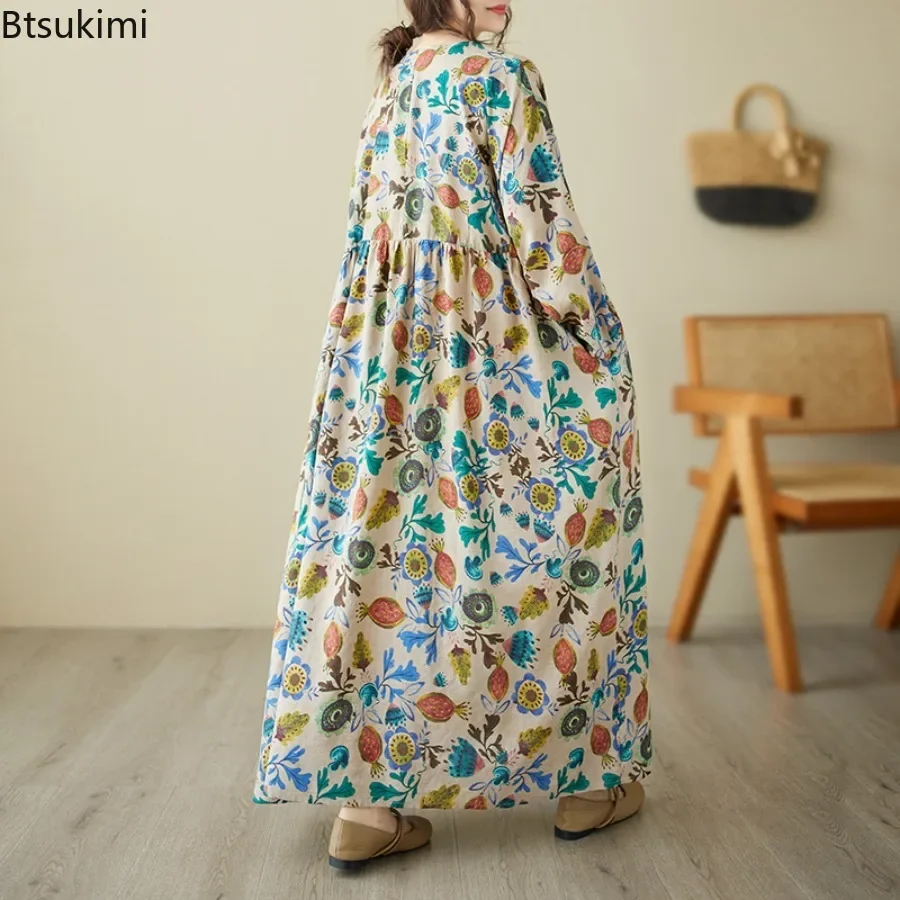 特大女性フラワープリントロングドレスヴィンテージカジュアルルーズプリーツレディースドレスコットンリネン快適な休日 Vestidos ファム