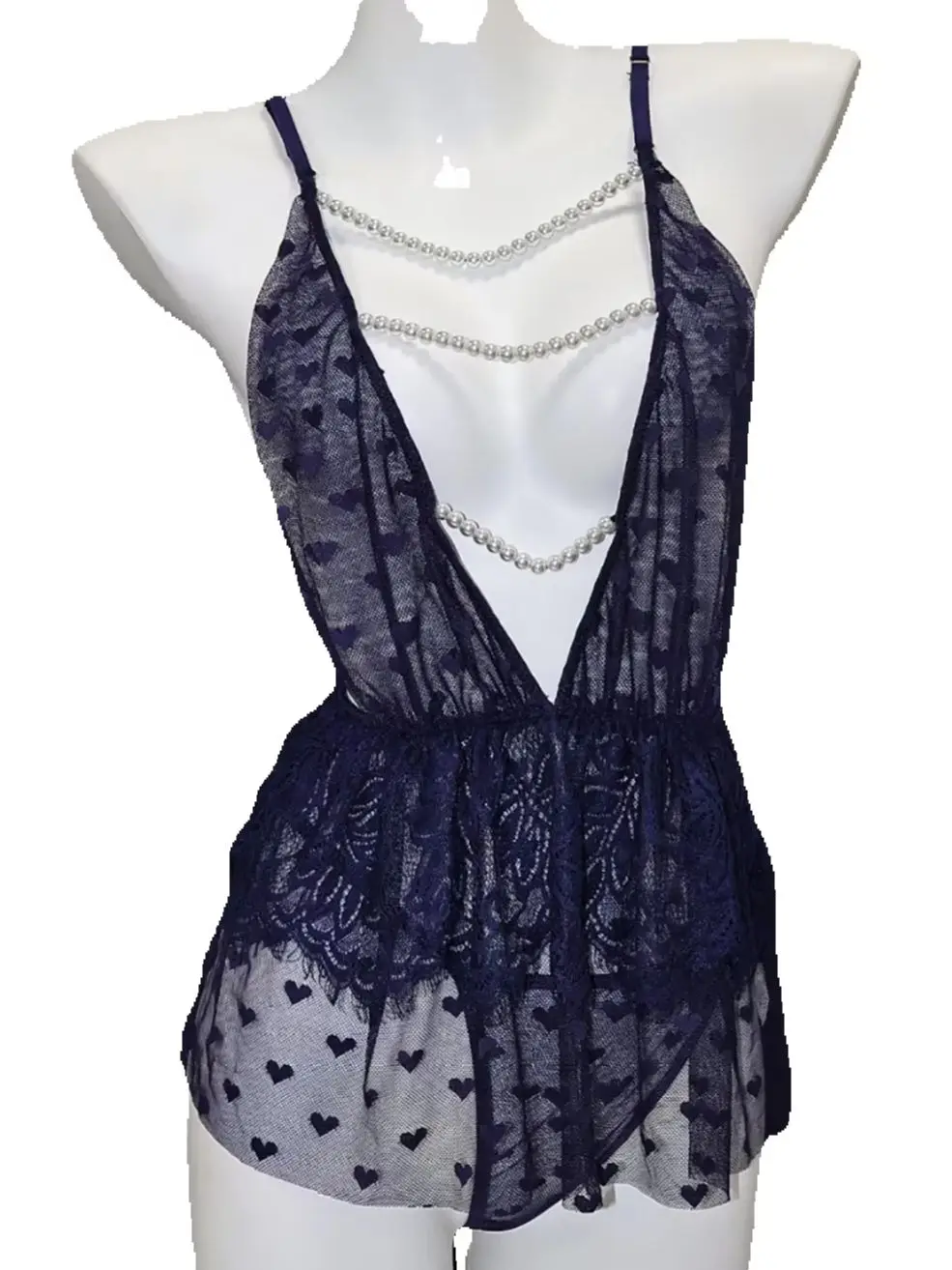 English: Women Deep V Pearl Chain Babydoll Lingerie Heart Print Mesh Lace Teddy Nightwear Cross Back Spaghetti Strap Sexy Sleepw