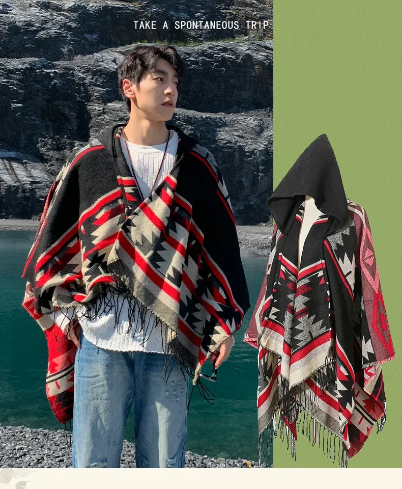 

155X140 см новый туристический плащ с капюшоном, мужской теплый шарф, этническая шаль, накидки с принтом, кисточки, верхняя одежда, большой размер, пашмина