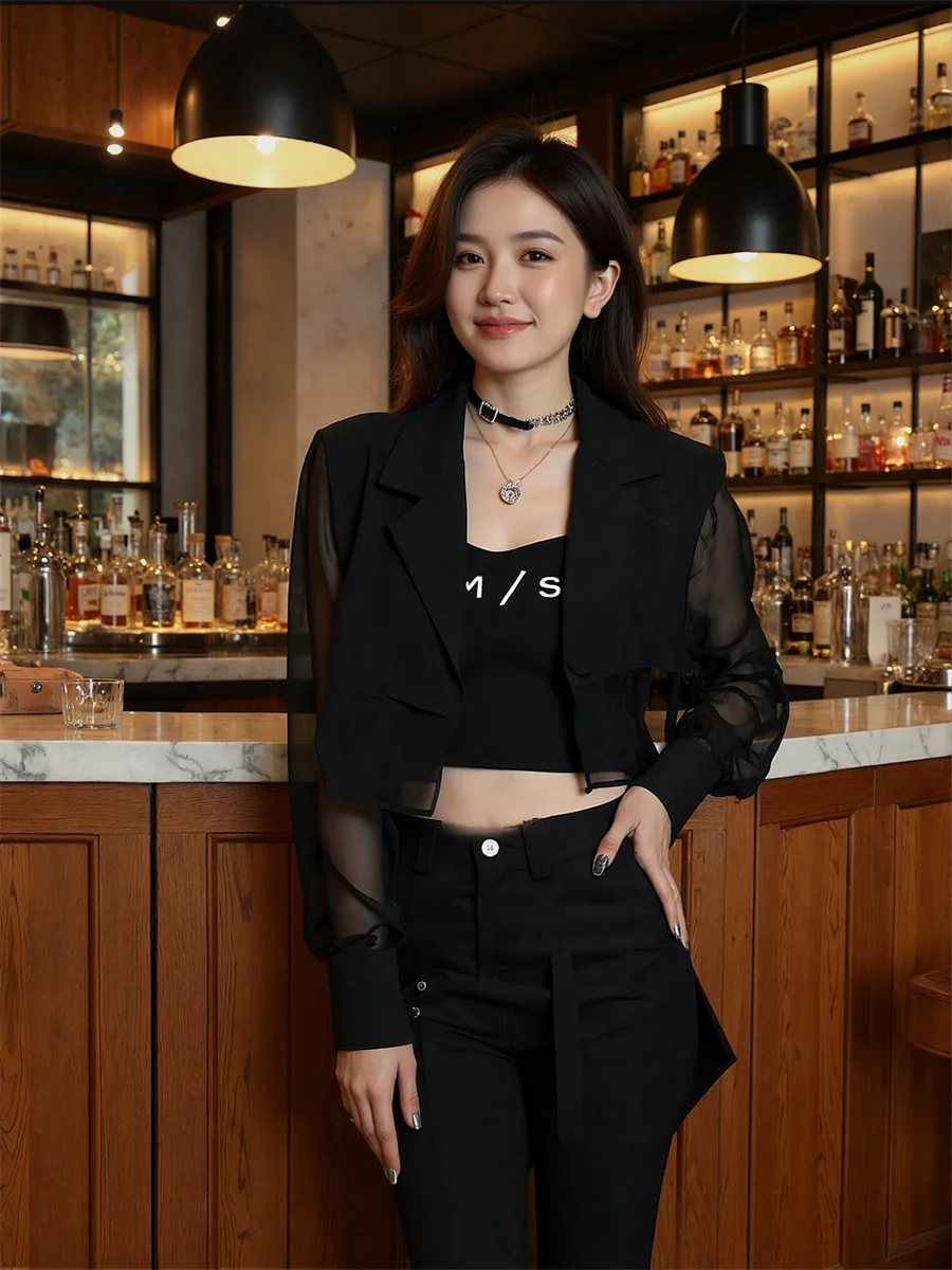 سترات مقصوصة شفافة من الشمس بفتحة خلفية ملابس نسائية أنيقة للنساء أنيقة النبيذ الدافئة الخارجي سبليت الملمس القوطي سليم