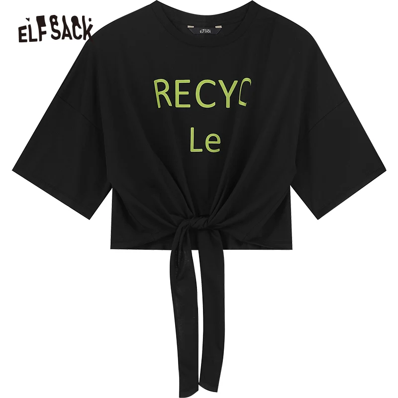 ELFSACK-Camiseta de verano con lazo para mujer, Top de manga corta con letras estampadas, 2024