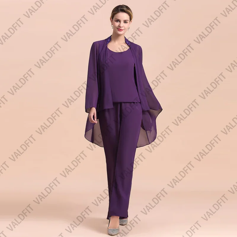 

Customized Purple Pantsuit 3 Piece Mother of the Bride Dress with Jacket Formal Wedding Guest Beading Robes Invitee Mariage