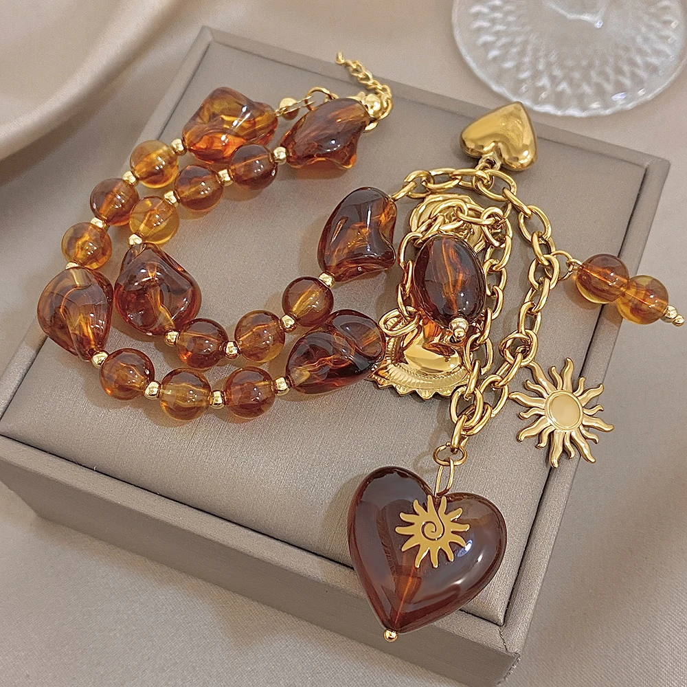 Classic Multiple Brown Stone Heart-shaped Sun Pendant Necklace European American New Style Exaggerate Versatile Women's Jewelry