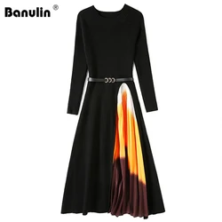 2023 Autumn Winter New Women Gradient Color Stitching Knitted Warm Sweater Dress Female Long Sleeve Ol Midi Pleated Dress