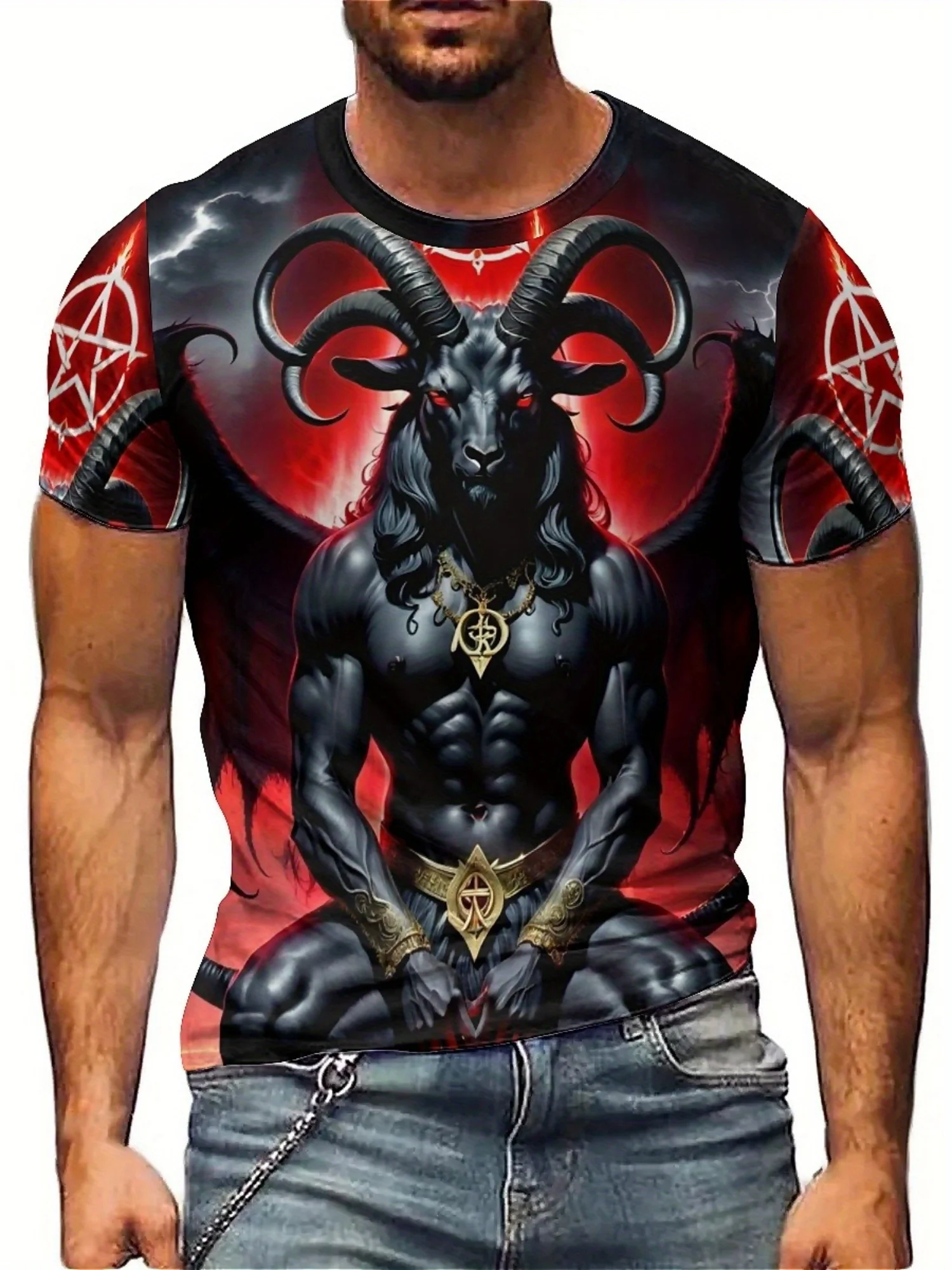 تي شيرت صيفي بطباعة ثلاثية الأبعاد على الطراز القوطي للرجال والنساء - بوليستر ناعم، تصميم هندسي جريء Baphomet الخماسي