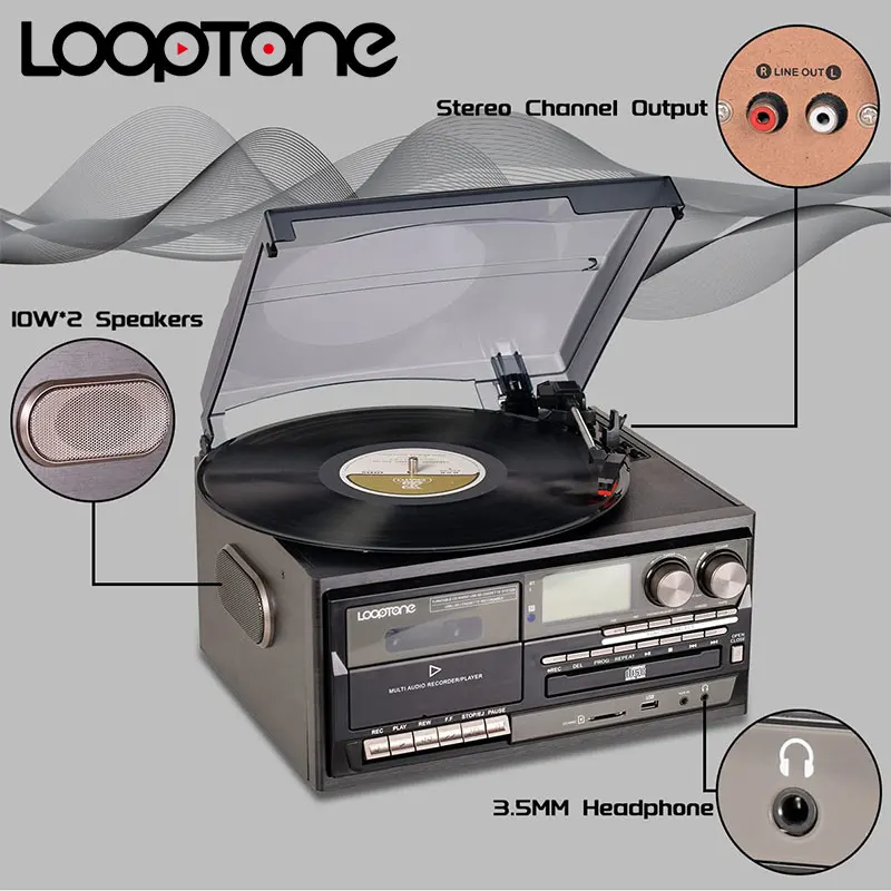 LoopTone 3 سرعات الكل في واحد بلوتوث في/خارج متوافق مع القرص الدوار الفينيل LP مشغل تسجيلات الأقراص المضغوطة الكلاسيكية وراديو FM/AM USB REC