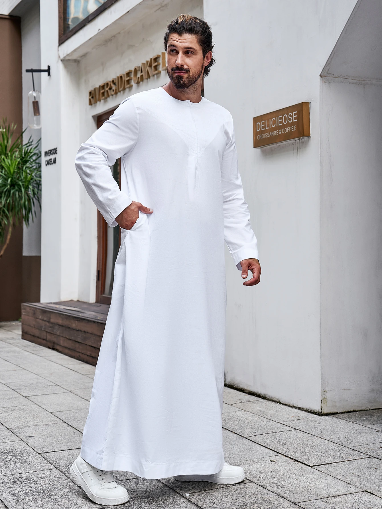 Túnica larga de manga larga para hombre, Túnica musulmana de Ramadán, Thobe saudita, Oriente Medio, árabe, Dubái, malayo, Color sólido