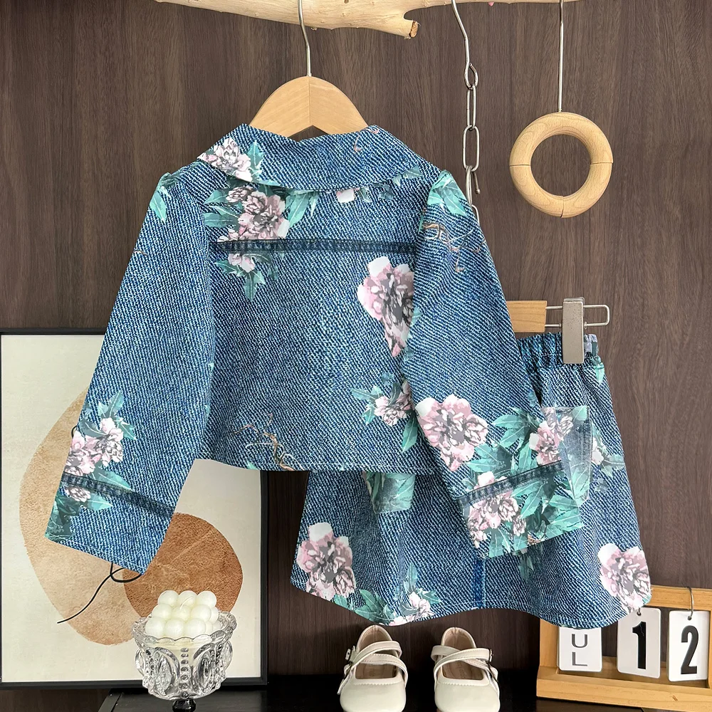Autumn Promotion Blue Casual Denim Suit with Floral Print Jacket and Short Skirt for Girls Aged 3-7