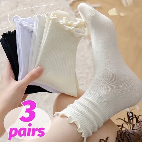 Imagen 2 del producto Calcetines de algodón con volantes suaves para mujer, medias coreanas transpirables de Lolita, Otoño Invierno, calcetines sueltos japoneses de tubo medio blanco y negro