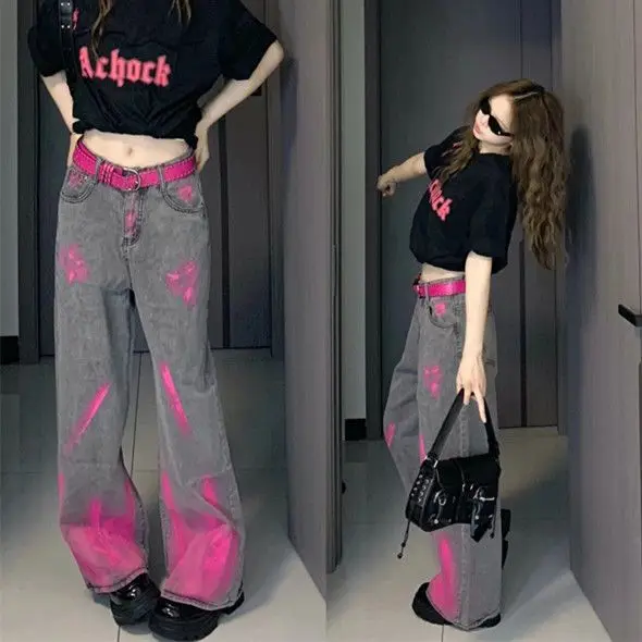 Retro-Rosa-Graffiti-Jeans für Damen, Petite High Street, lockere, gerade, weit geschnittene, bodenwischende Hose, trendige Marke