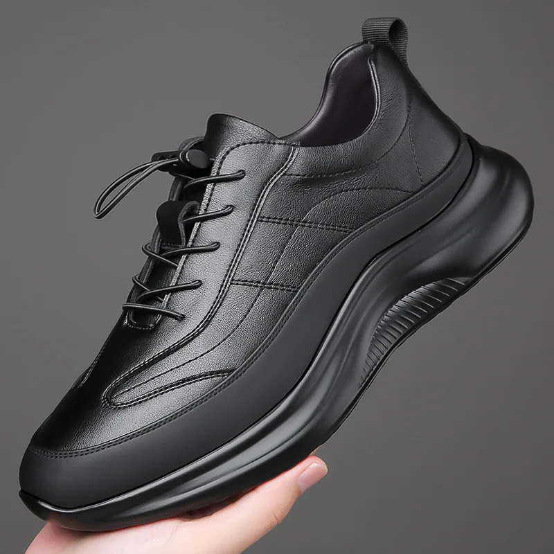 Black Cow Leather Casual Sneakers for Men Fashion New Designer Spring Autumn Winter Platform Shoes Male Sports Running Shoes Men