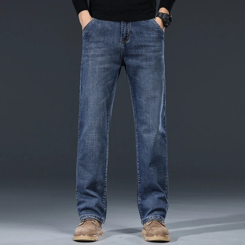2024 새로운 가을 남성 블루 스트레이트 레그 청바지 비즈니스 캐주얼 코튼 스트레치 데님 바지 남성 브랜드 플러스 사이즈 40 42 44