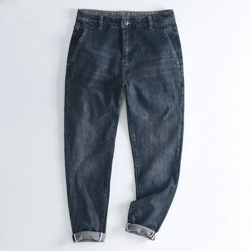 

Men's Thiened Denim Pants Straight Leg Casual Long Trousers Faionable Elastic Autumn Winter Men's Clothing Nine Points