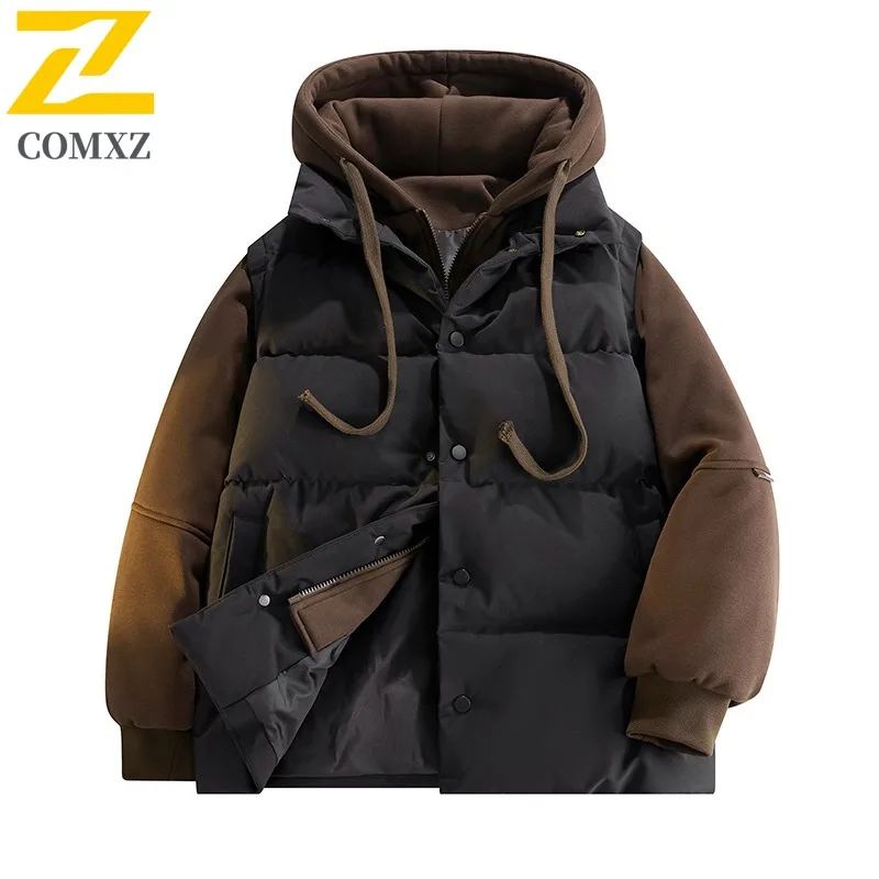 COMXZ 2025 Winter Mens Two Piece Style Thick Puffer Jacket Loose Fit Hooded Short Coat Fashion Outwear Long sleeve windbreaker
