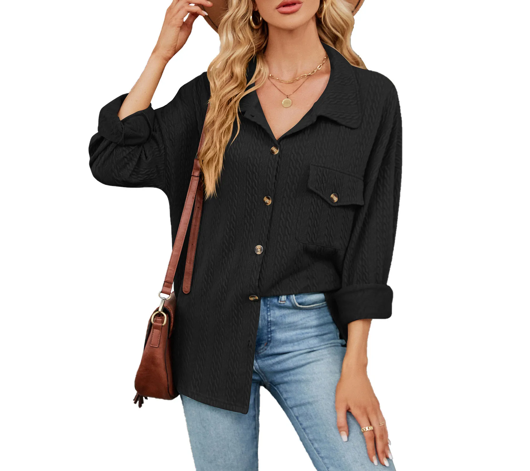 Jacket for Women 2023 Fashion New Solid Color Lapel Buttons Pockets Long Sleeve Loose Blouse