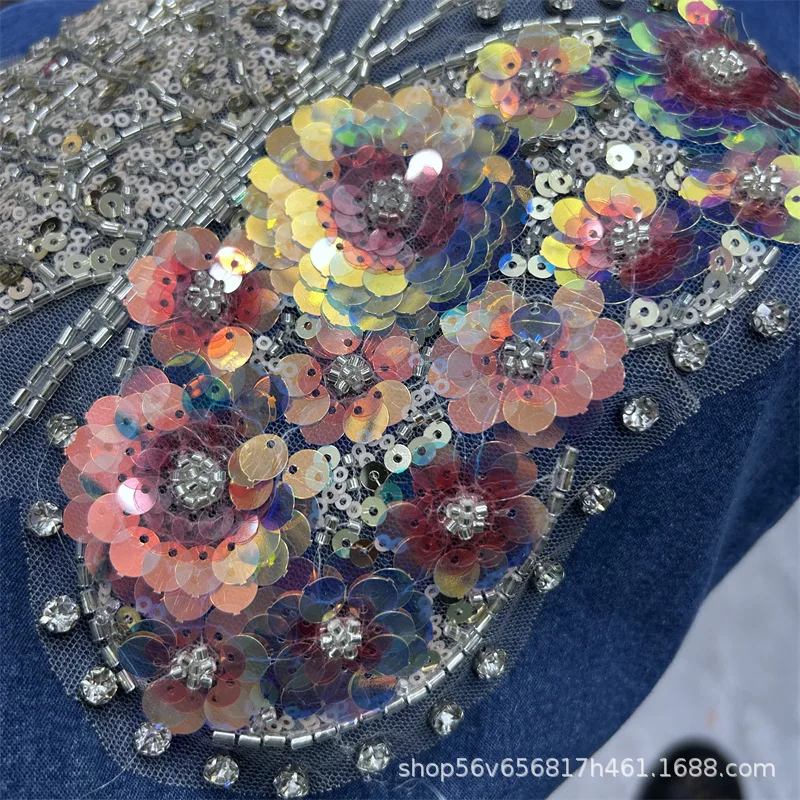 Trendy Spring Autumn Women Denim Sets Diamonds Sequins Butterfly Loose Shirt Casual Top + Elastic Waist Wide Leg Straight Jeans