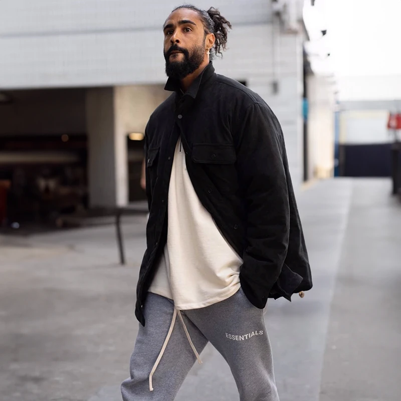 

FOG GFKC Men's Suede Cotton Jaet Loose High Street Faion Casual Workwear irt Long Sve Flip Collar Outerwear