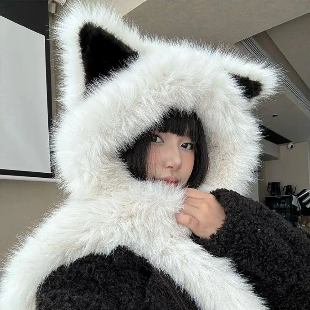 Windproof Integrated Cap Scarf Soft Plush Neck Warm Ear Protection Cap Cute Winter Warm Beanie Hat Scarf Faux Fur Lei Feng Hat