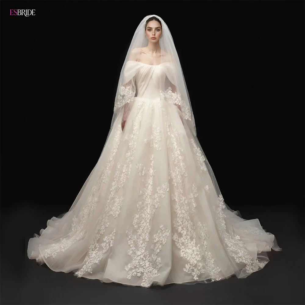 

ESBRIDE Customized Off The Shoulder Stain Chapel Train Wedding Dresses Embroidered Lace Luxurious Bride Ball Gown