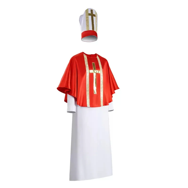 Medieval Priest Cosplay Costume Set Red Cloak White Long Robe with Hat for Halloween Carnival Party Stage Role‑Play Outfit