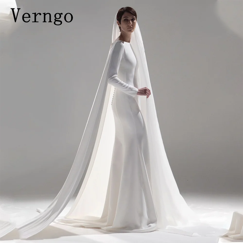 Verngo Simpe Crepe abiti da sposa 2024 O collo maniche lunghe abiti da sposa a sirena con abiti da sposa Crape Sweep Train