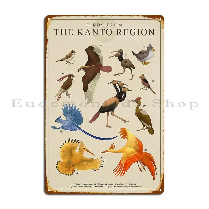 Birds Of Kanto Metal Plaque Designer Living Room Painting Wall Cave Retro Tin Sign Poster