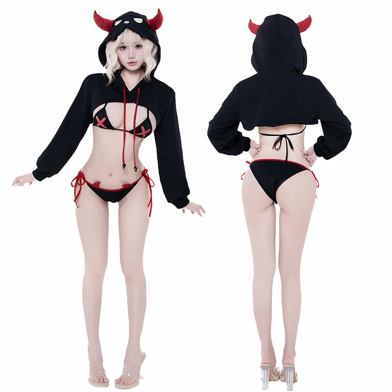 SENMHS 2025 juego de anime Demon Kingdom Devil pequeño disfraz de Cosplay conjunto de elfo uniforme de Halloween capa de cuerno con capucha ropa interior de Bikini
